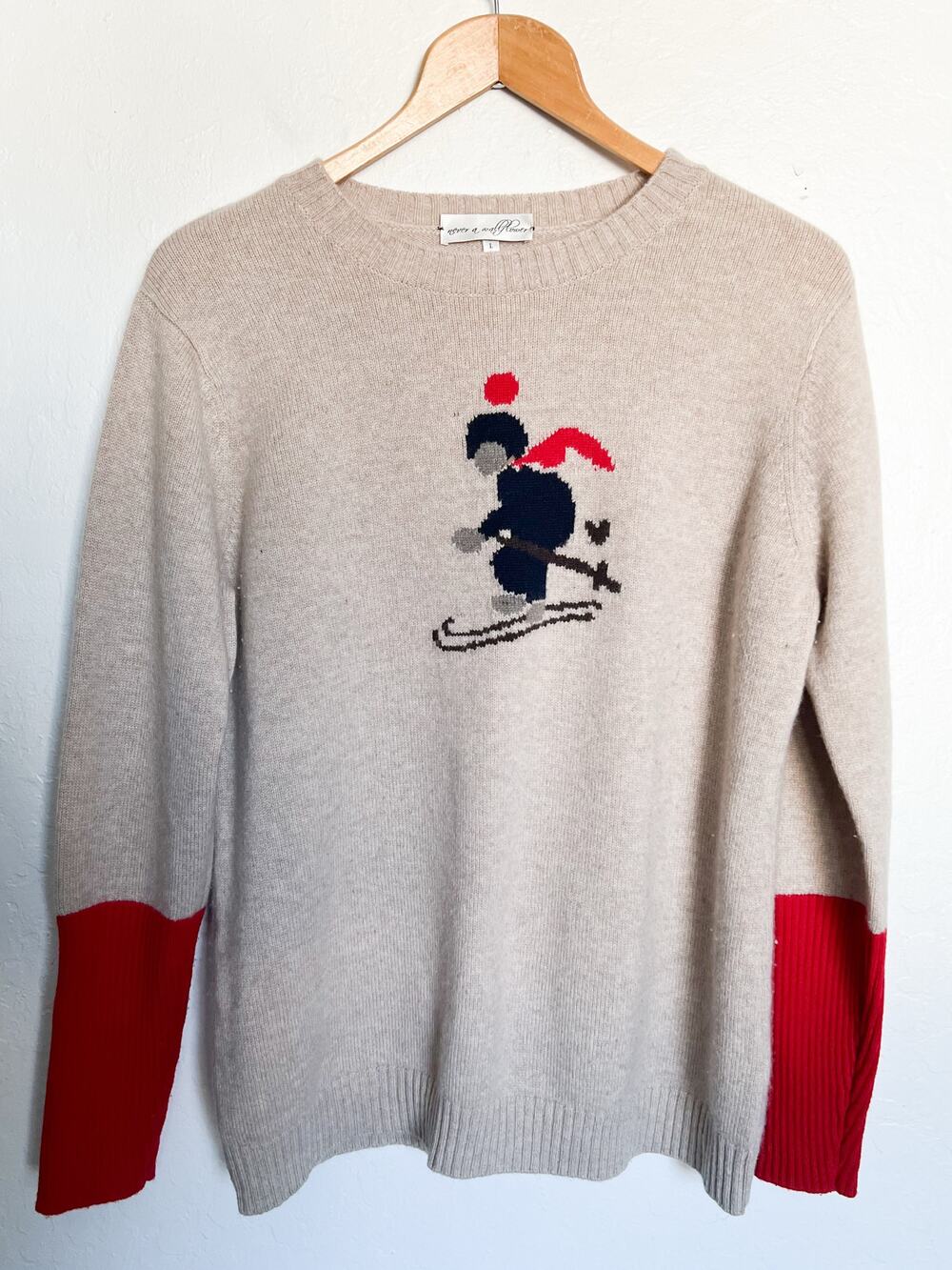 Never A Wallflower Cashmere Sweater Large Knit Ski Tan Crewneck Skier Novelty